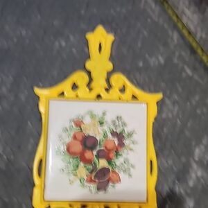 Vintage  Metal Yellow Trivet with Fruit Design
